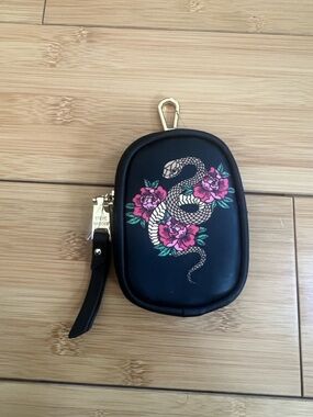 Steve Madden Black Key Pouch with Gold Snake and Pink Floral Print